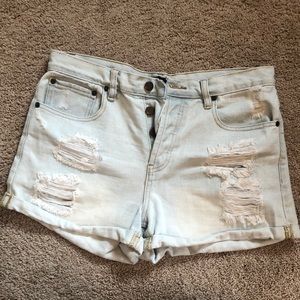High-waist, light wash denim shorts. Size 29